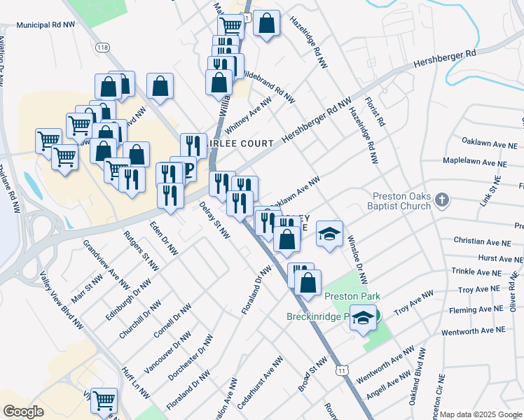 map of restaurants, bars, coffee shops, grocery stores, and more near 3028 Oaklawn Avenue Northwest in Roanoke