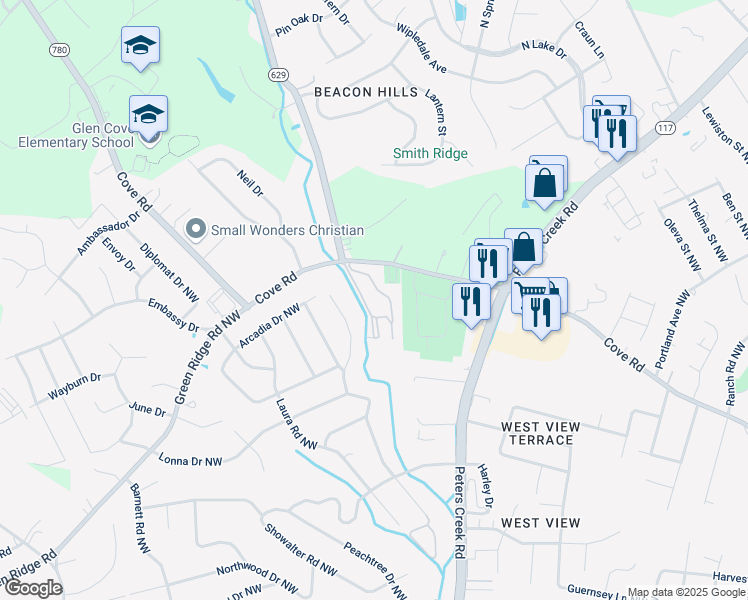 map of restaurants, bars, coffee shops, grocery stores, and more near 5204 Lancelot Lane Northwest in Roanoke