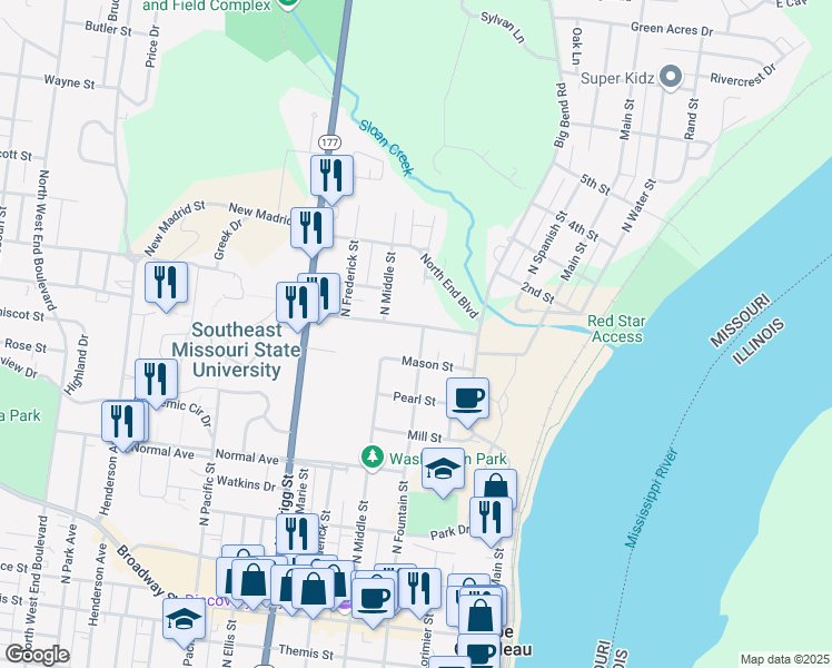 map of restaurants, bars, coffee shops, grocery stores, and more near 929 North Fountain Street in Cape Girardeau