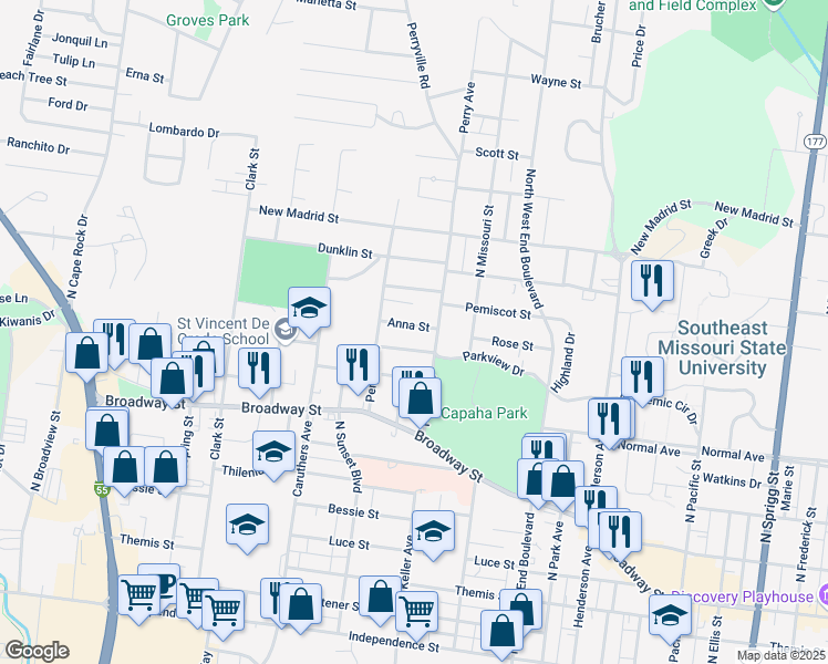 map of restaurants, bars, coffee shops, grocery stores, and more near 763 Perry Avenue in Cape Girardeau