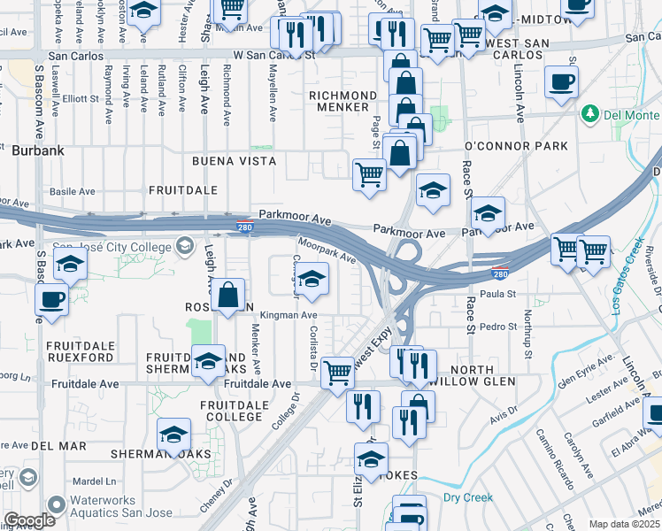 map of restaurants, bars, coffee shops, grocery stores, and more near 704 Concord Avenue in San Jose