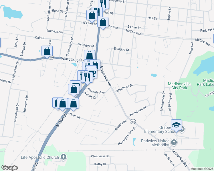 map of restaurants, bars, coffee shops, grocery stores, and more near 800-906 Grapevine Road in Madisonville