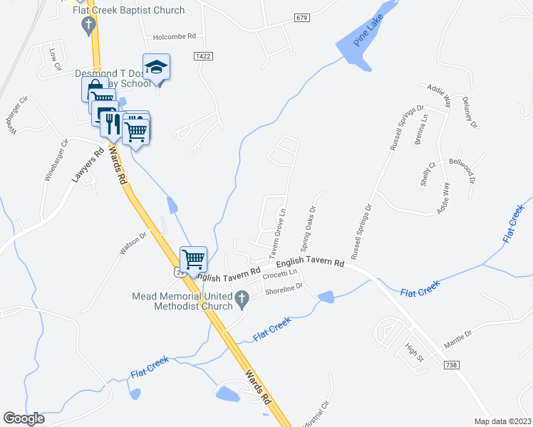 map of restaurants, bars, coffee shops, grocery stores, and more near 95 Old Tavern Circle in Lynchburg