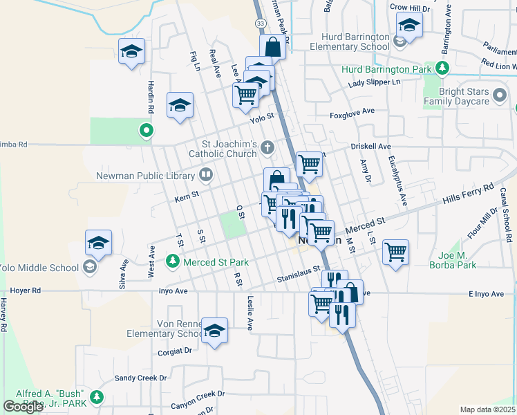 map of restaurants, bars, coffee shops, grocery stores, and more near 1305 P Street in Newman