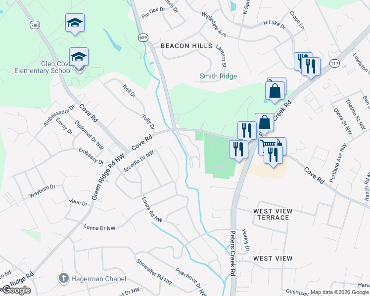 map of restaurants, bars, coffee shops, grocery stores, and more near 5212 Lancelot Lane Northwest in Roanoke