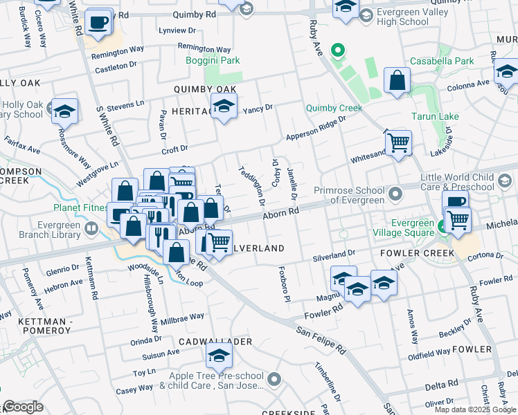 map of restaurants, bars, coffee shops, grocery stores, and more near 3105 Whitby Court in San Jose