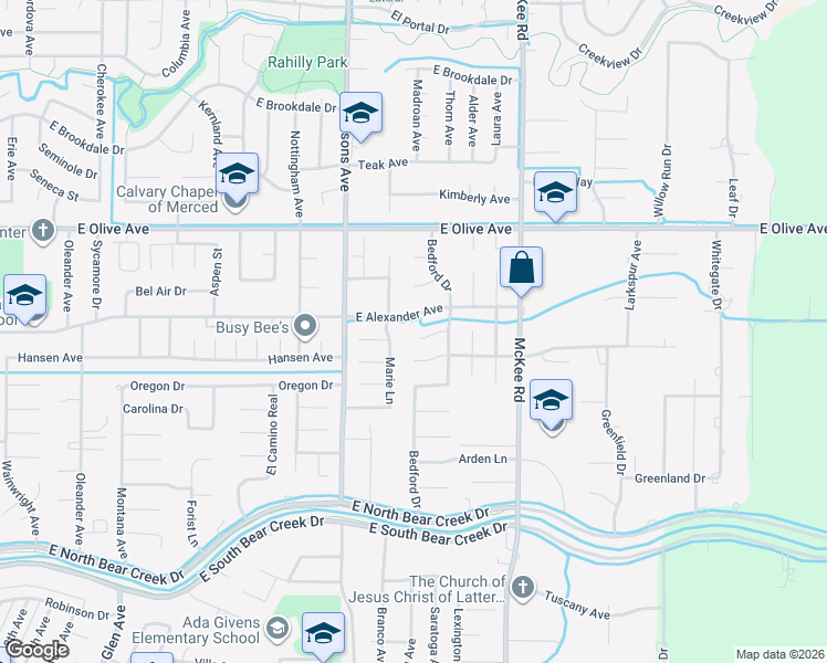 map of restaurants, bars, coffee shops, grocery stores, and more near 1939 Sierra Court in Merced