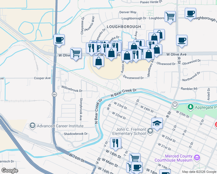 map of restaurants, bars, coffee shops, grocery stores, and more near 1487 Bianchi Lane in Merced