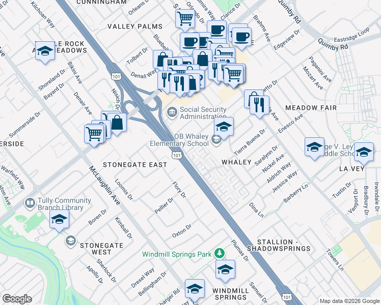 map of restaurants, bars, coffee shops, grocery stores, and more near 1504 La Boheme Way in San Jose