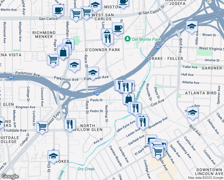 map of restaurants, bars, coffee shops, grocery stores, and more near 732 Northrup Street in San Jose