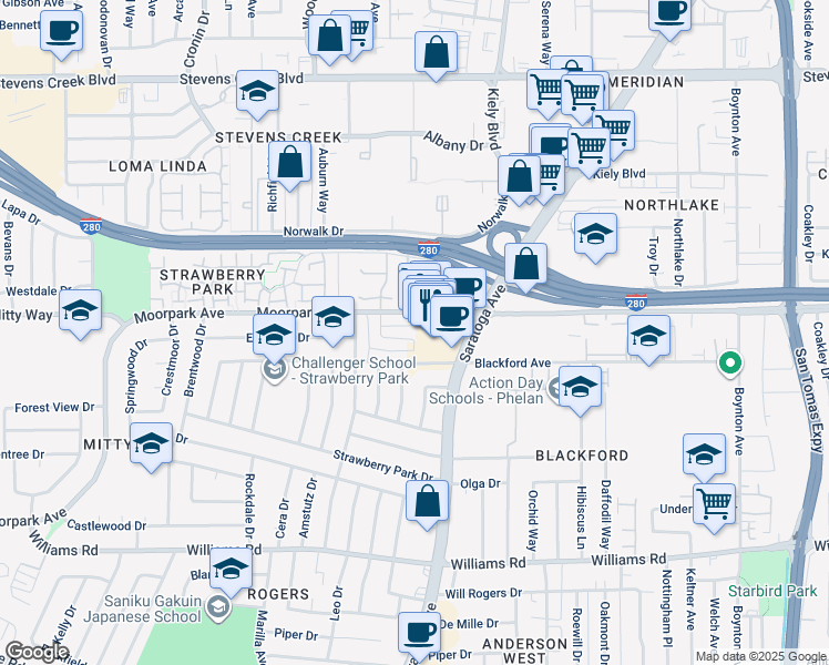 map of restaurants, bars, coffee shops, grocery stores, and more near 4340 Moorpark Avenue in San Jose