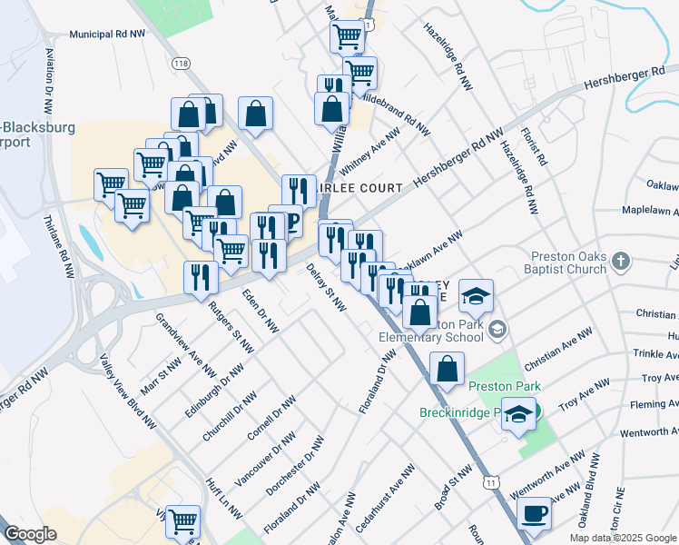 map of restaurants, bars, coffee shops, grocery stores, and more near 4818 Lee Highway in Roanoke
