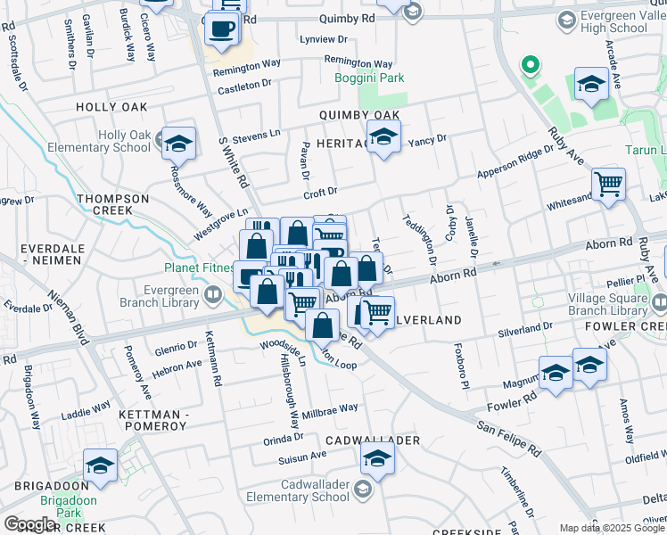 map of restaurants, bars, coffee shops, grocery stores, and more near 2255 Lusardi Drive in San Jose