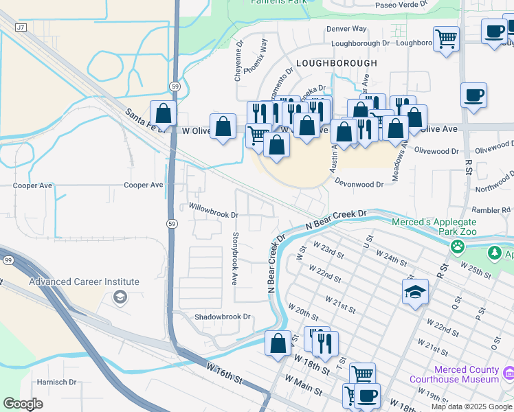 map of restaurants, bars, coffee shops, grocery stores, and more near 2851 Corona Court in Merced