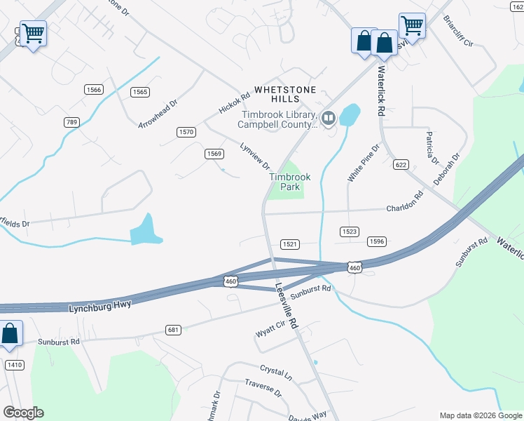 map of restaurants, bars, coffee shops, grocery stores, and more near 18534 County Road 682 in Lynchburg
