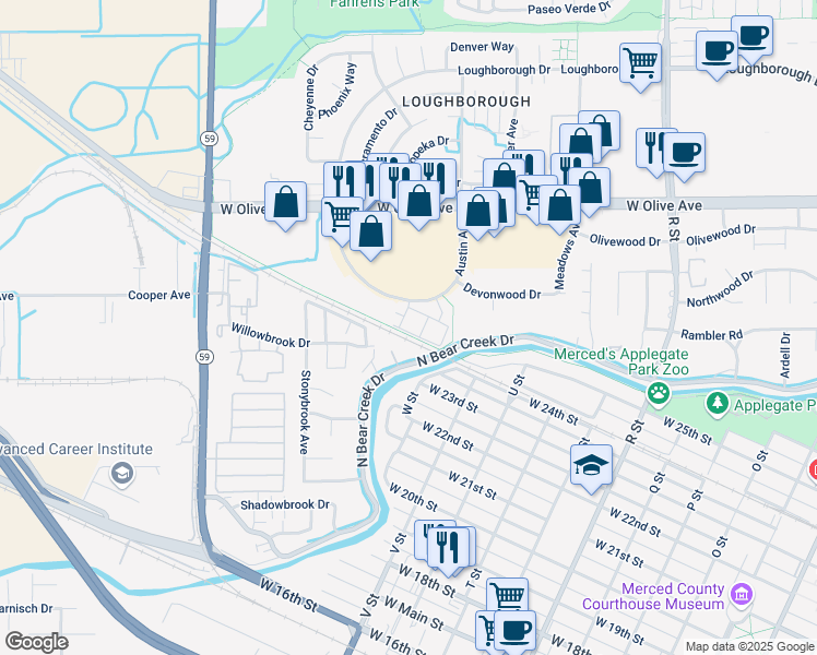 map of restaurants, bars, coffee shops, grocery stores, and more near 1487 Bianchi Lane in Merced