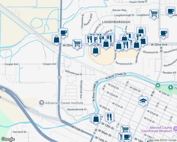 map of restaurants, bars, coffee shops, grocery stores, and more near 2851 Corona Court in Merced