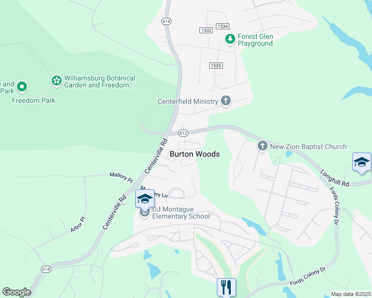 map of restaurants, bars, coffee shops, grocery stores, and more near 226 Burton Woods Drive in Williamsburg