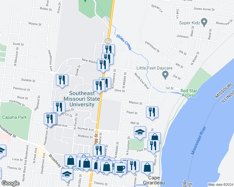 map of restaurants, bars, coffee shops, grocery stores, and more near 507 Olive Street in Cape Girardeau