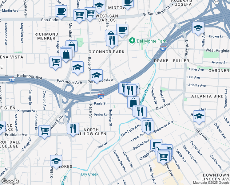 map of restaurants, bars, coffee shops, grocery stores, and more near 732 Northrup Street in San Jose