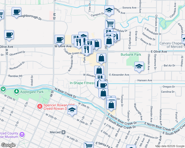 map of restaurants, bars, coffee shops, grocery stores, and more near 121 West Alexander Avenue in Merced