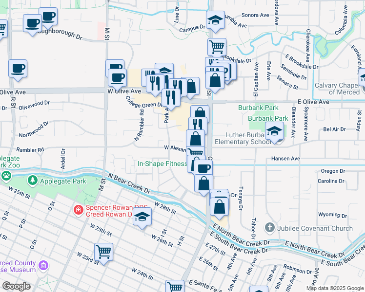 map of restaurants, bars, coffee shops, grocery stores, and more near 123 West Alexander Avenue in Merced
