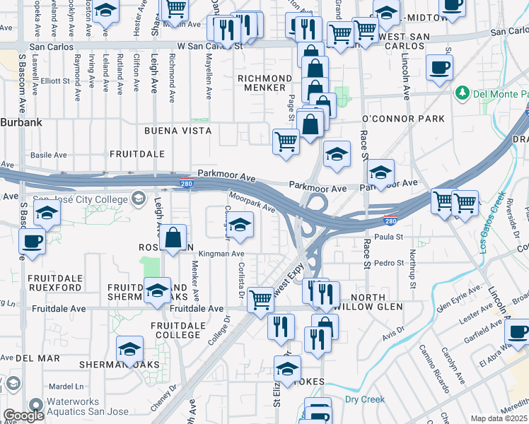 map of restaurants, bars, coffee shops, grocery stores, and more near 704 Concord Avenue in San Jose