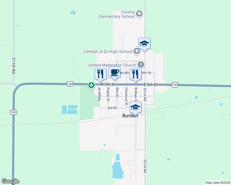 map of restaurants, bars, coffee shops, grocery stores, and more near 407 Elm Street in Burden