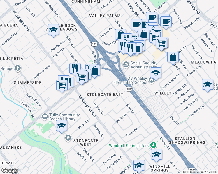 map of restaurants, bars, coffee shops, grocery stores, and more near 2474 Roslyn Court in San Jose