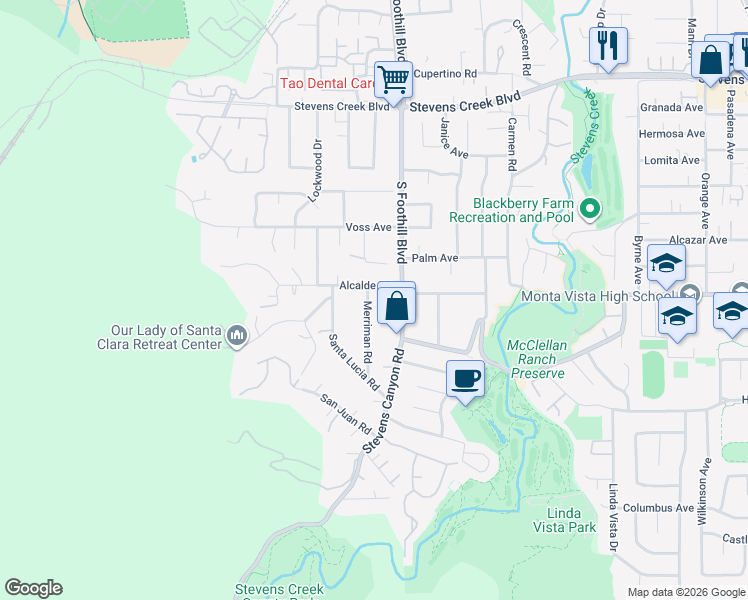 map of restaurants, bars, coffee shops, grocery stores, and more near 10532 Merriman Road in Cupertino