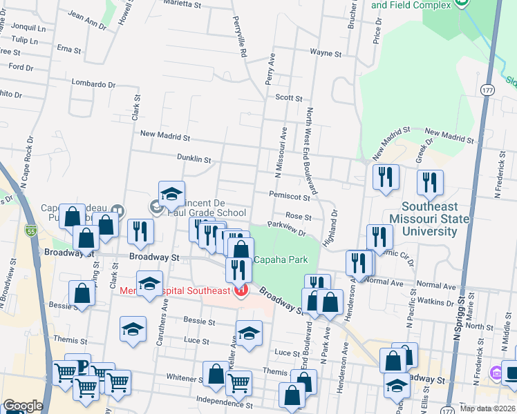 map of restaurants, bars, coffee shops, grocery stores, and more near 717 North Missouri Street in Cape Girardeau