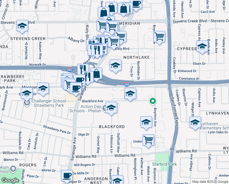 map of restaurants, bars, coffee shops, grocery stores, and more near 3900 Moorpark Avenue in San Jose