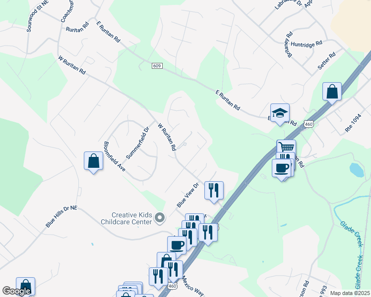 map of restaurants, bars, coffee shops, grocery stores, and more near 1607 Sterling Place Circle in Roanoke