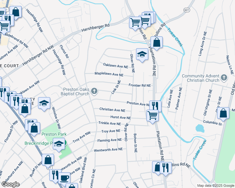 map of restaurants, bars, coffee shops, grocery stores, and more near 211 Crittendon Avenue Northeast in Roanoke