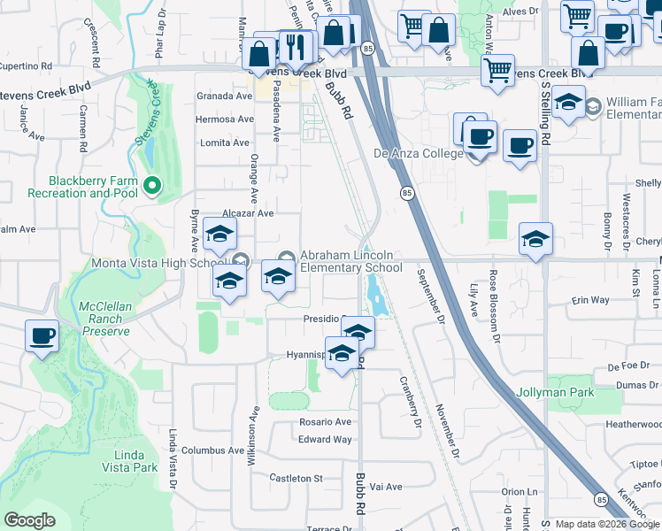 map of restaurants, bars, coffee shops, grocery stores, and more near 8079 Park Villa Circle in Cupertino