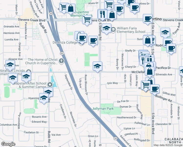 map of restaurants, bars, coffee shops, grocery stores, and more near 21089 Red Fir Court in Cupertino
