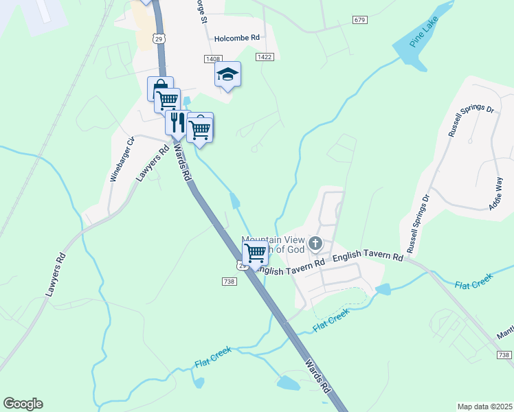 map of restaurants, bars, coffee shops, grocery stores, and more near 13679 Wards Road in Lynchburg