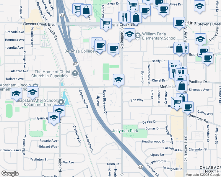 map of restaurants, bars, coffee shops, grocery stores, and more near 21091 Red Fir Court in Cupertino