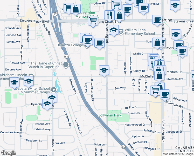 map of restaurants, bars, coffee shops, grocery stores, and more near 21091 Red Fir Court in Cupertino