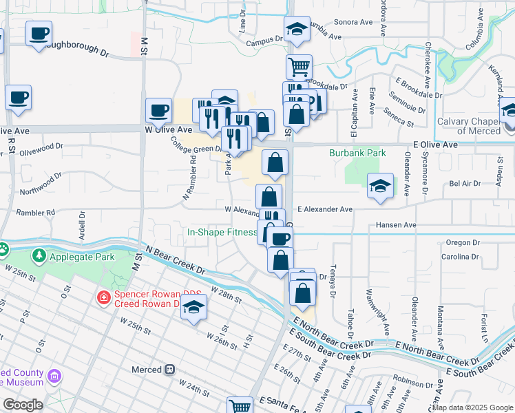map of restaurants, bars, coffee shops, grocery stores, and more near 87 West Alexander Avenue in Merced