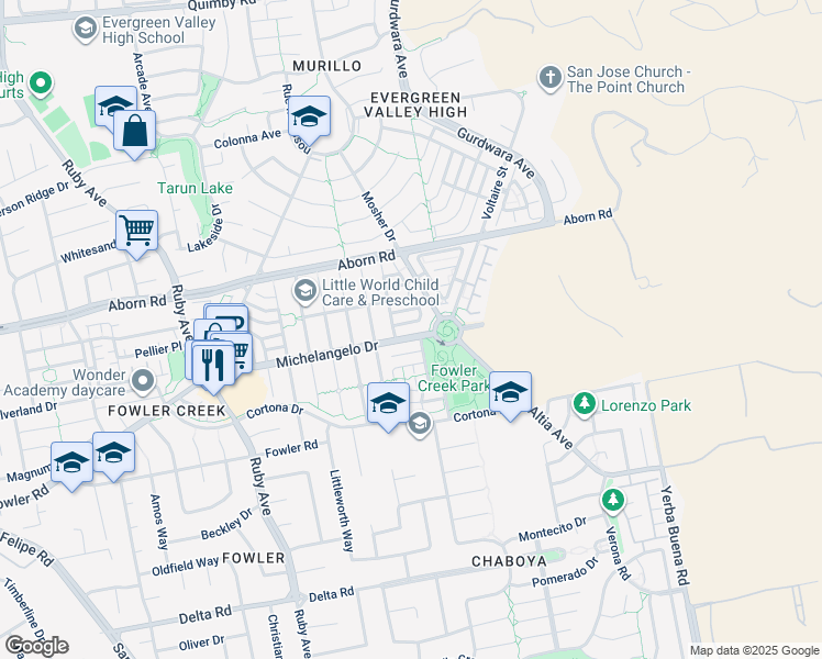 map of restaurants, bars, coffee shops, grocery stores, and more near 3363 Michelangelo Drive in San Jose