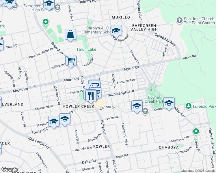 map of restaurants, bars, coffee shops, grocery stores, and more near 3213 Bardolino Lane in San Jose