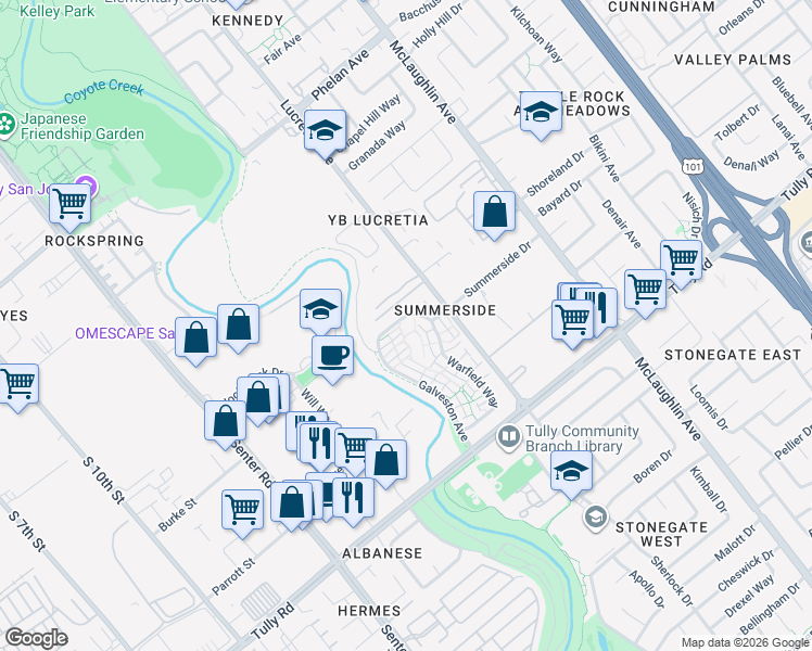 map of restaurants, bars, coffee shops, grocery stores, and more near 929 Summerside Drive in San Jose