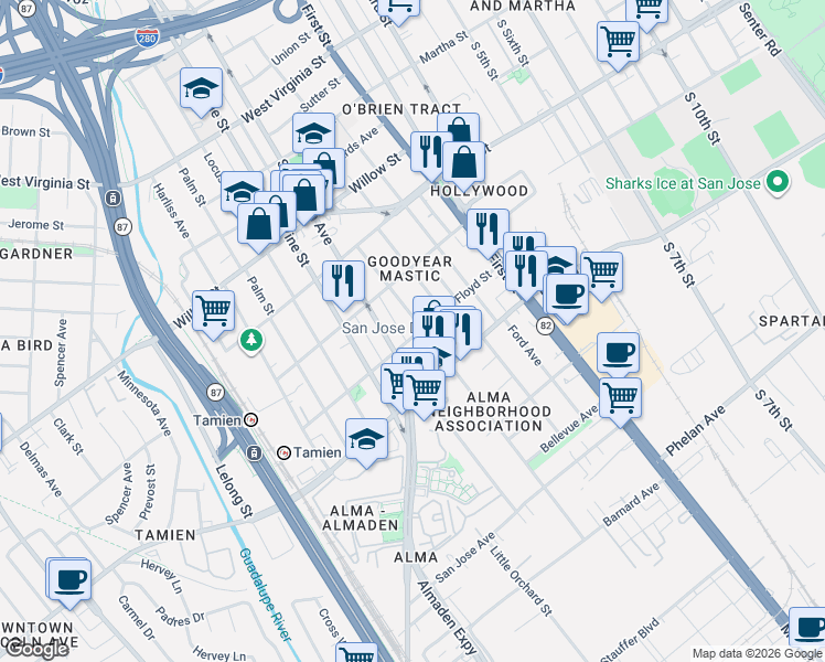 map of restaurants, bars, coffee shops, grocery stores, and more near 1298 Plum Street in San Jose
