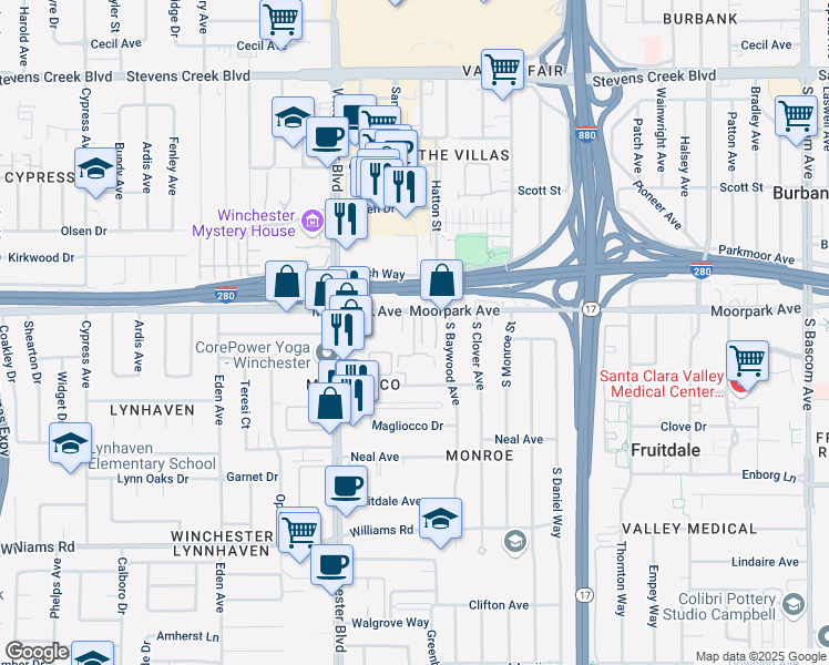 map of restaurants, bars, coffee shops, grocery stores, and more near 2958 Moorpark Avenue in San Jose