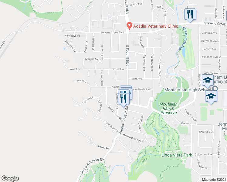 map of restaurants, bars, coffee shops, grocery stores, and more near 10532 Merriman Road in Cupertino