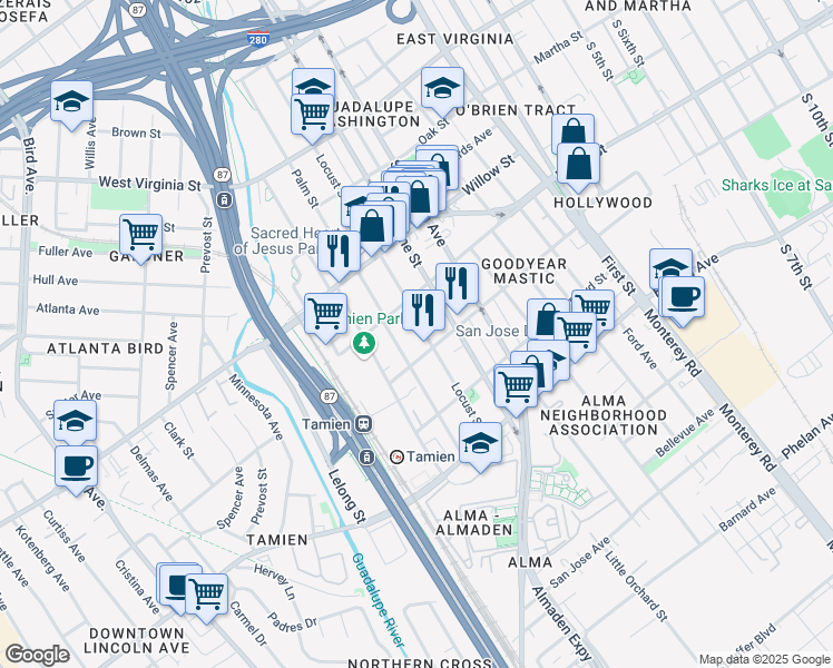 map of restaurants, bars, coffee shops, grocery stores, and more near 1165 Locust Street in San Jose
