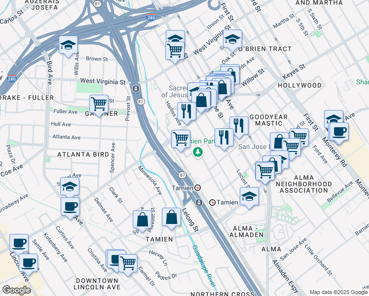 map of restaurants, bars, coffee shops, grocery stores, and more near 1026 Pepitone Avenue in San Jose