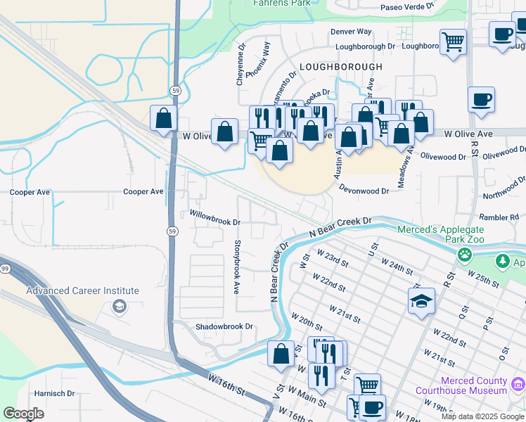 map of restaurants, bars, coffee shops, grocery stores, and more near 1572 La Mirada Drive in Merced