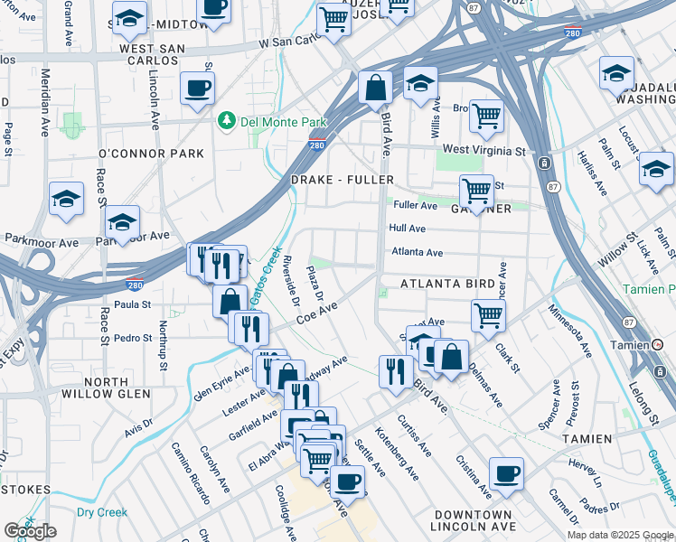map of restaurants, bars, coffee shops, grocery stores, and more near 714 Palm Haven Avenue in San Jose